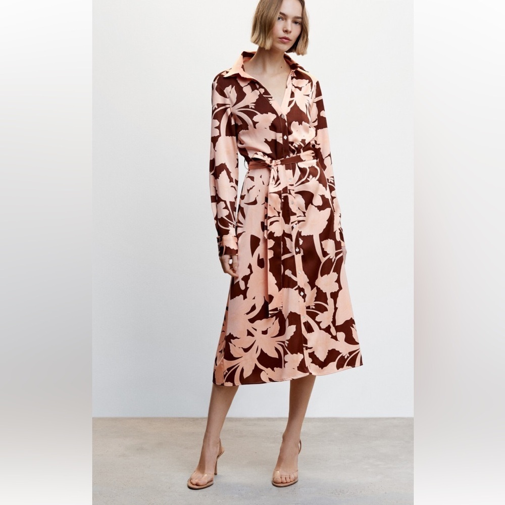 MNG Mango Floral Print Midi Dress in Pink and Brown